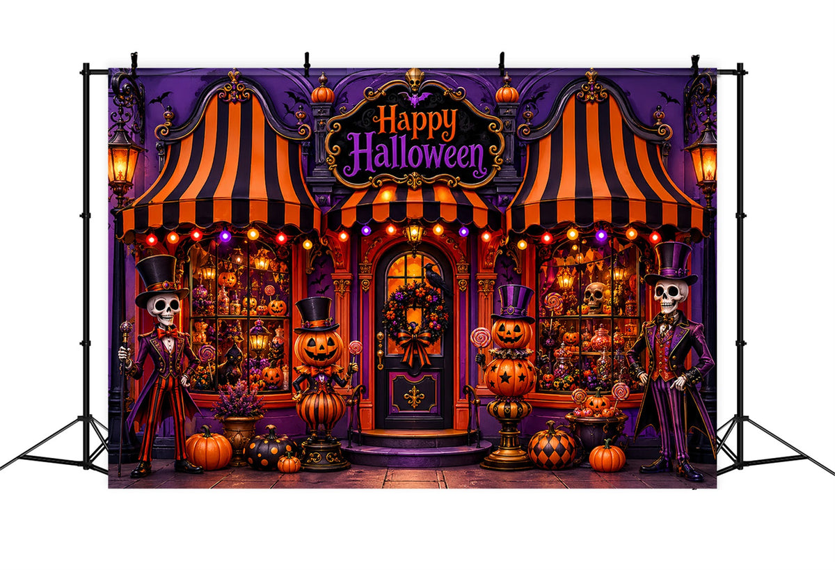 Halloween-Hintergrundideen Zum SelbermachenSkelett-Kürbis-Süßigkeitenladen-Hintergrund In Lila LXX67-100
