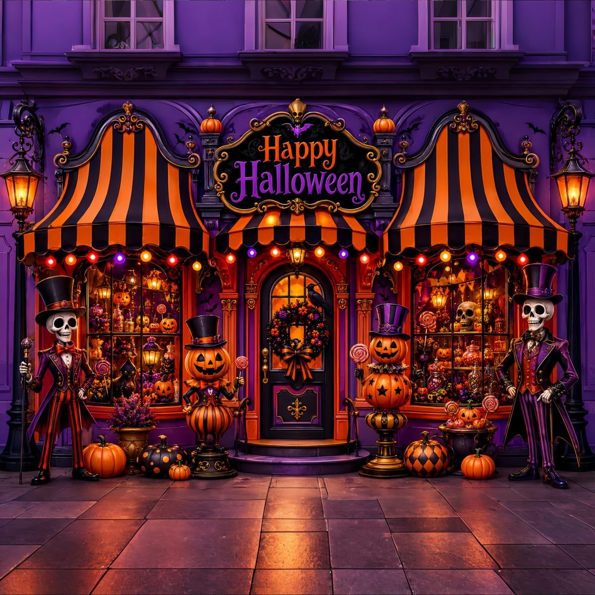Halloween-Hintergrundideen Zum SelbermachenSkelett-Kürbis-Süßigkeitenladen-Hintergrund In Lila LXX67-100