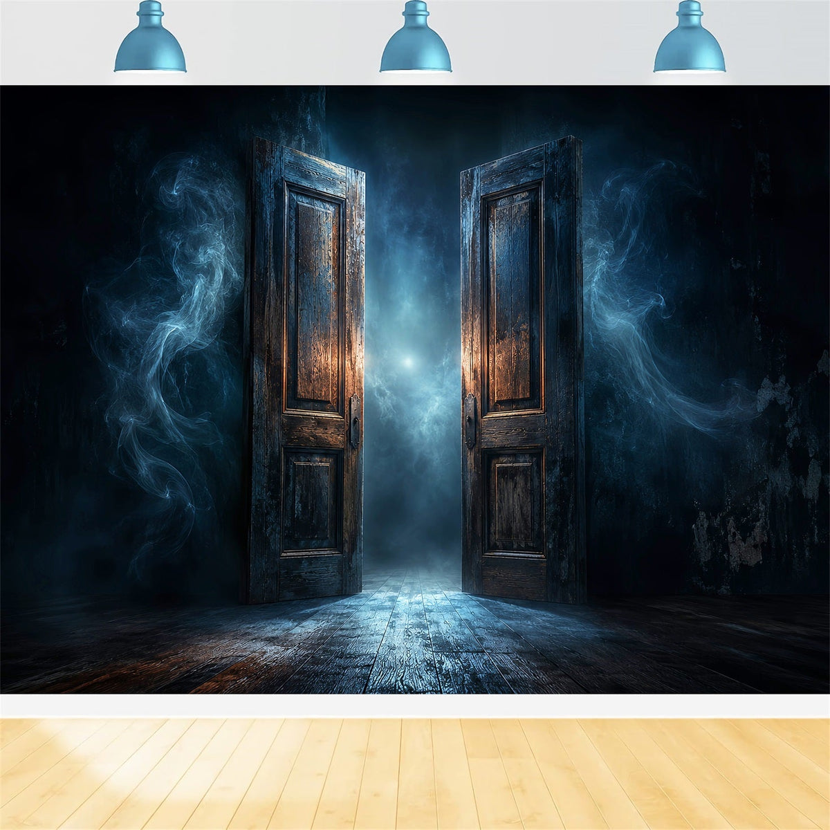 Gruselige Halloween-FotohintergründeNebelverhangene Offene Geistertür Fröhlicher Halloween-Hintergrund LXX67-104