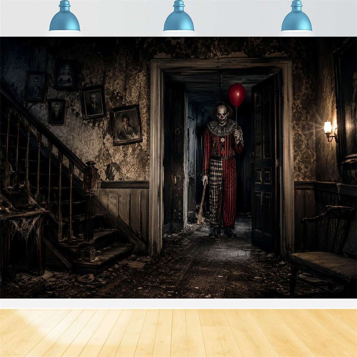 Halloween-Clown-Hintergrund Gruseliger Geist Spukflur-Halloween-Stoffhintergrund LXX67-106