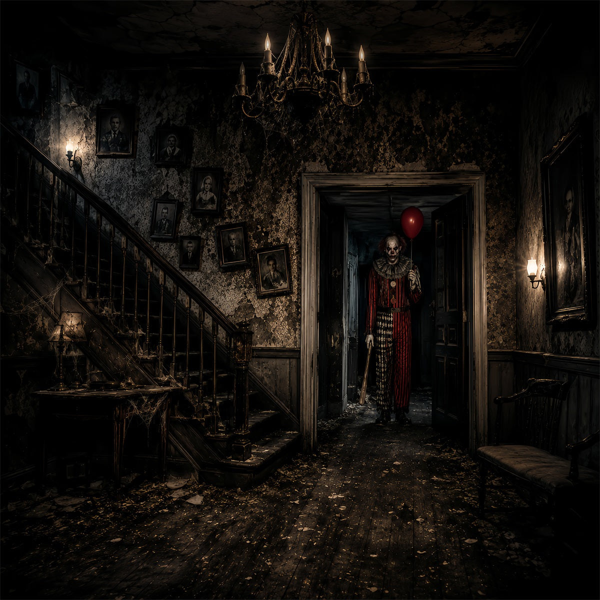 Halloween-Clown-Hintergrund Gruseliger Geist Spukflur-Halloween-Stoffhintergrund LXX67-106
