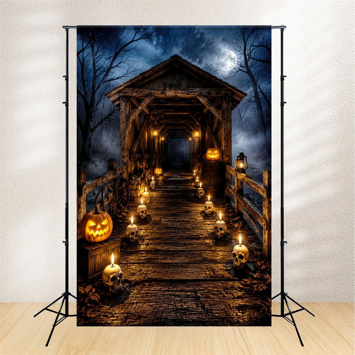 Halloween-Fotohintergrund Für Draußen Totenkopf Mit Kerzen Überdachte Brücke LXX67-11