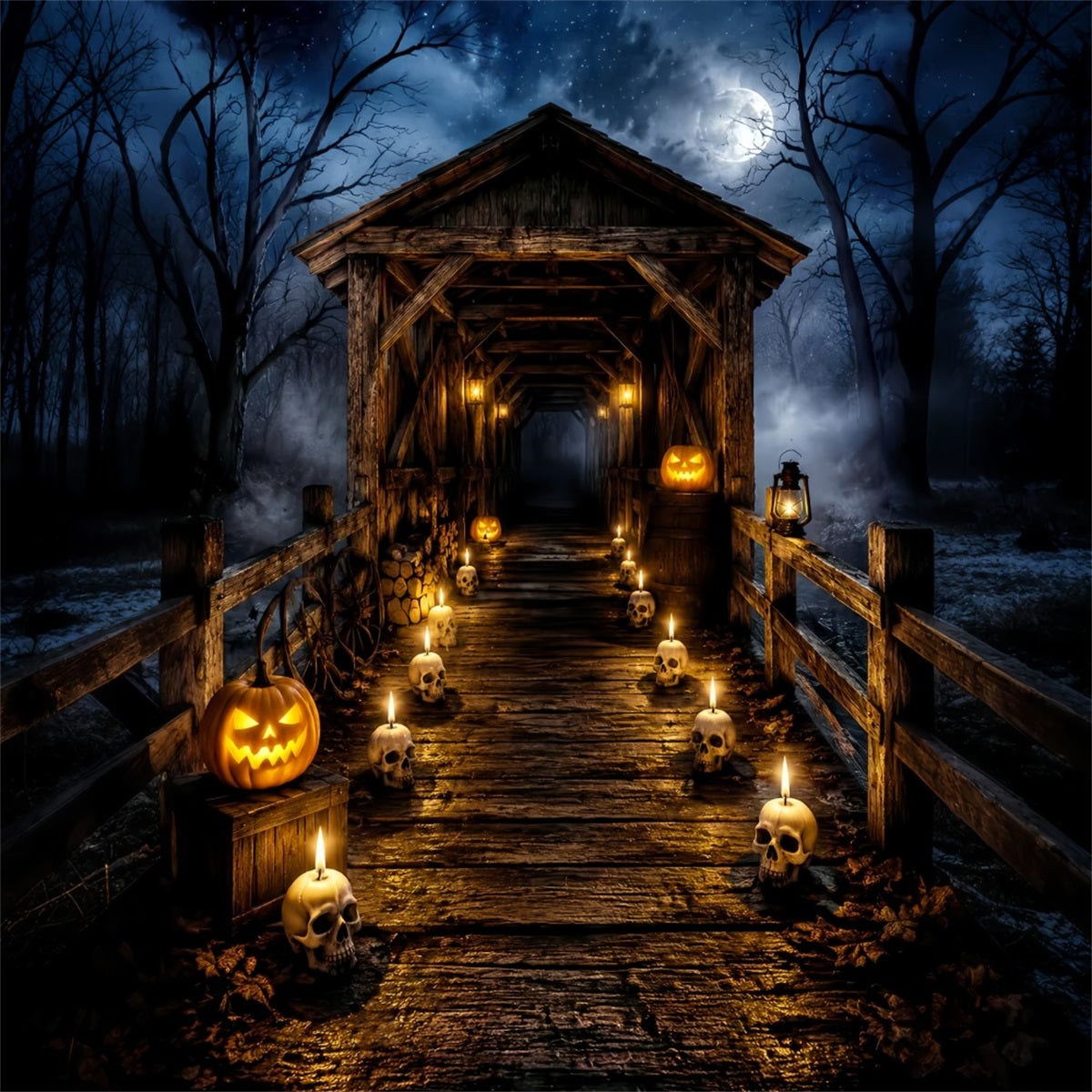 Halloween-Fotohintergrund Für Draußen Totenkopf Mit Kerzen Überdachte Brücke LXX67-11