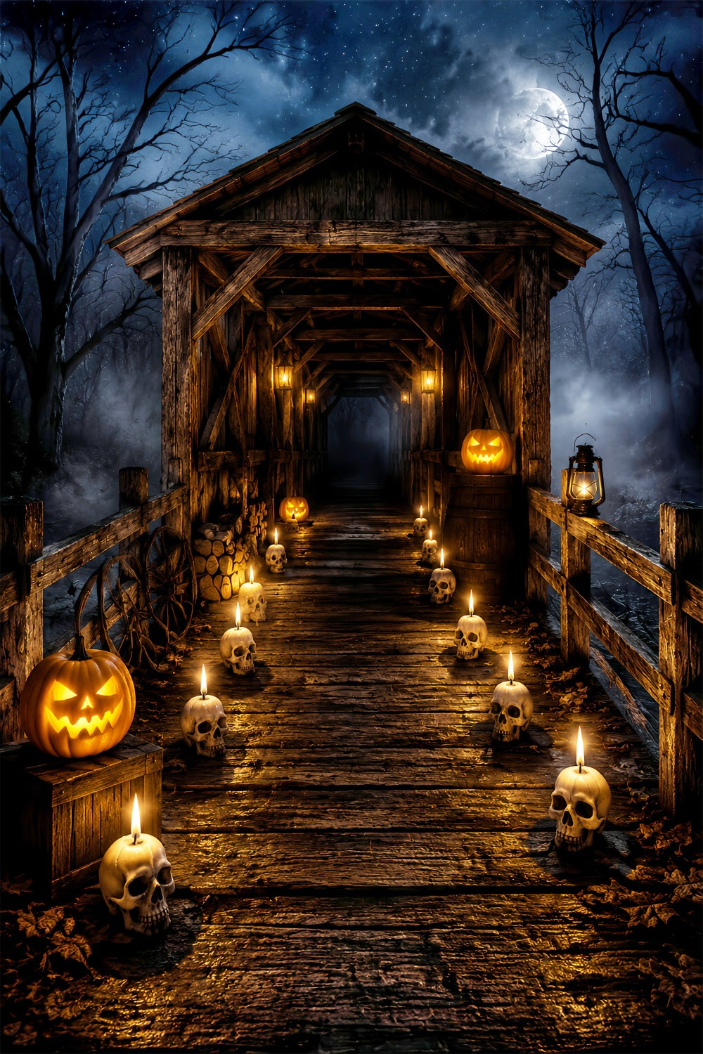 Halloween-Fotohintergrund Für Draußen Totenkopf Mit Kerzen Überdachte Brücke LXX67-11