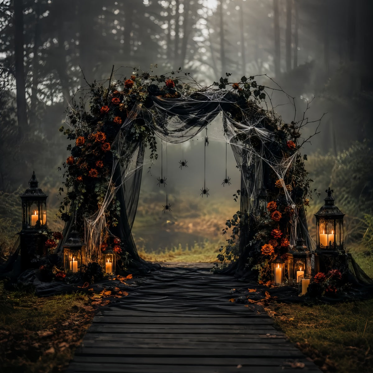 Halloween-Hochzeitshintergrund Gotischer Rosen-Spinnenbogen Halloween-Fotohintergrund LXX67-110