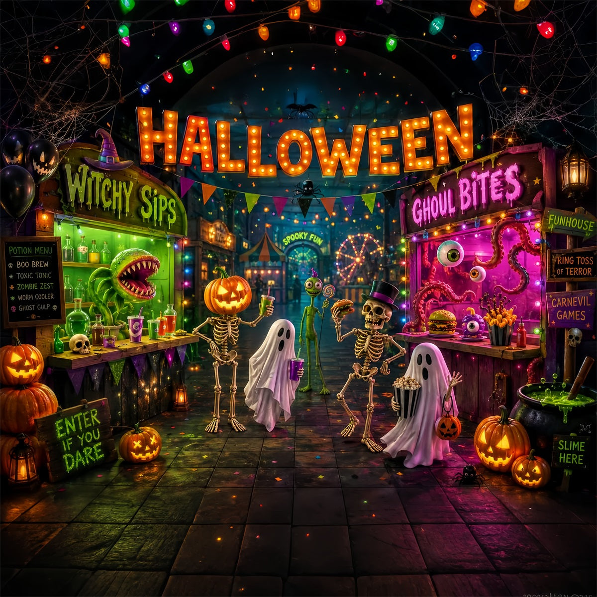 Halloween-Party-Hintergründe Neon Monster Karneval Straße Halloween Fotokabinen-Hintergrund LXX67-114