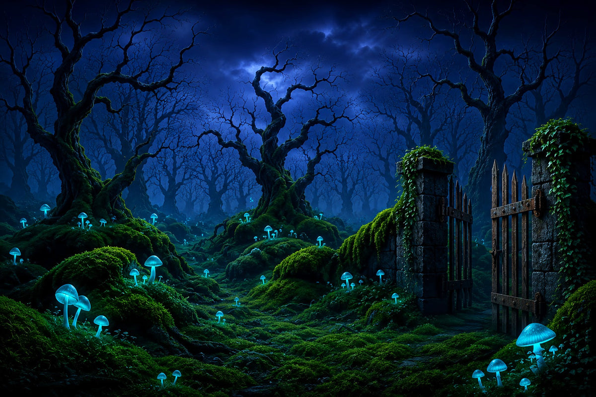 Halloween-Mond-Hintergrund Leuchtender Pilz Waldtor Halloween-Fotohintergründe LXX67-115