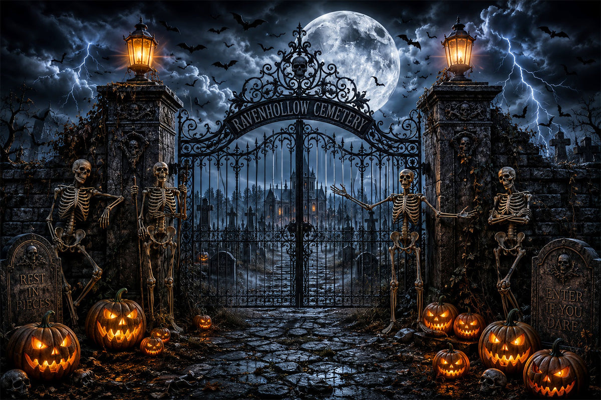 Halloween-Hintergrund Für Den AußenbereichStürmisches Skelett-Friedhofstor Gruseliger Halloween-Hintergrund LXX67-116