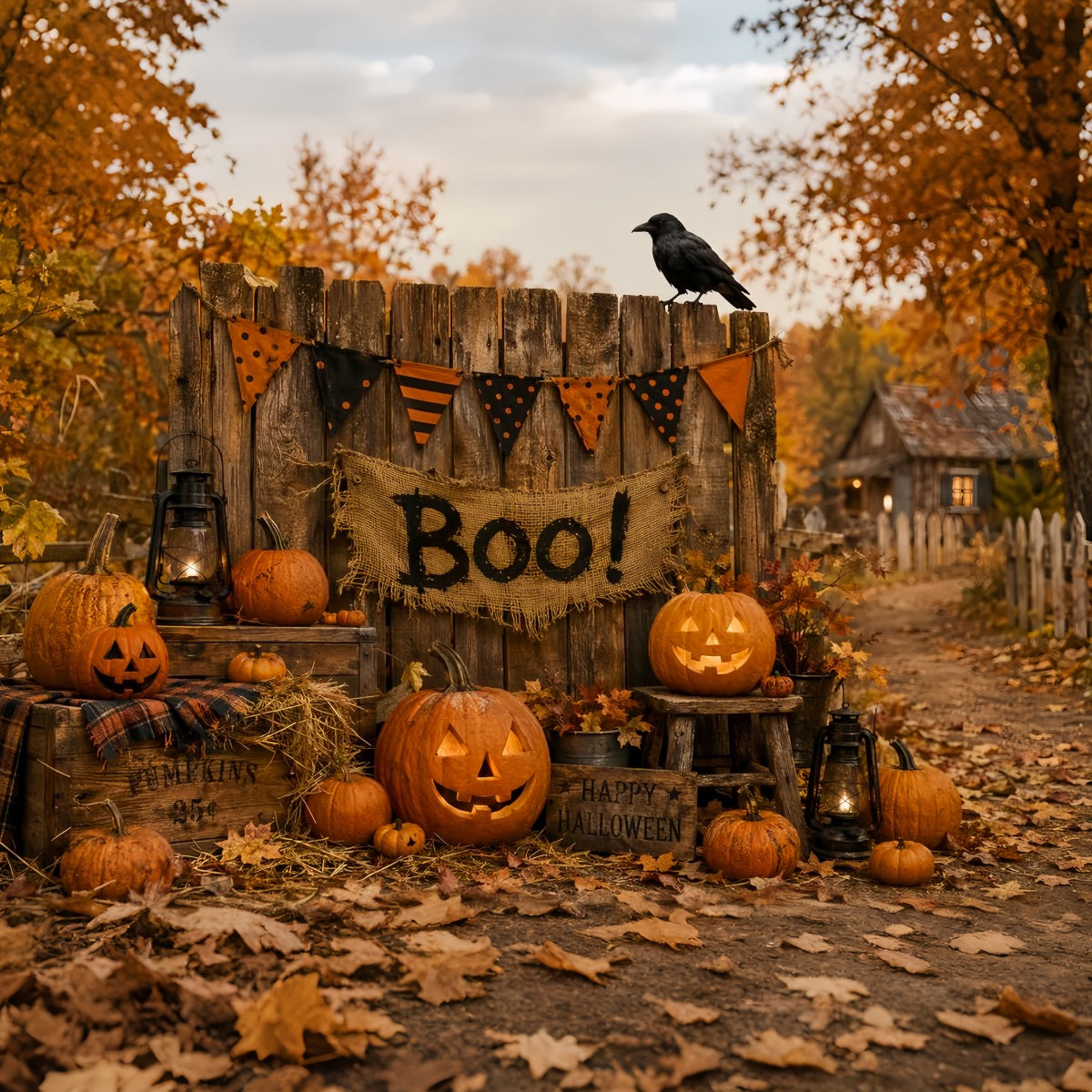 Halloween-Hintergrund Für Fotobox Rustikaler Kürbiszaun Niedlicher Halloween-Hintergrund LXX67-118