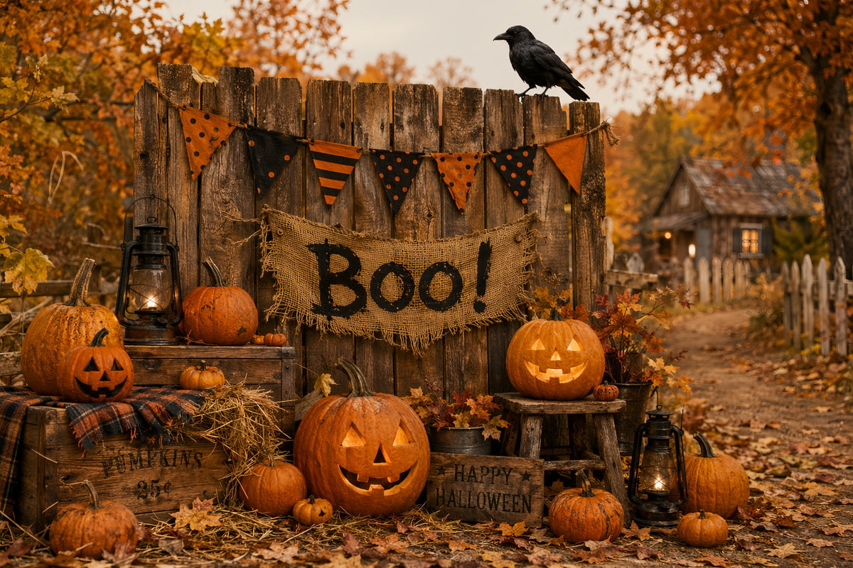 Halloween-Hintergrund Für Fotobox Rustikaler Kürbiszaun Niedlicher Halloween-Hintergrund LXX67-118