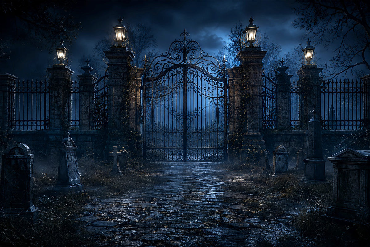Halloween-Fotohintergrund Im FreienMondbeschienener Friedhof Mit Eisentor LXX67-120