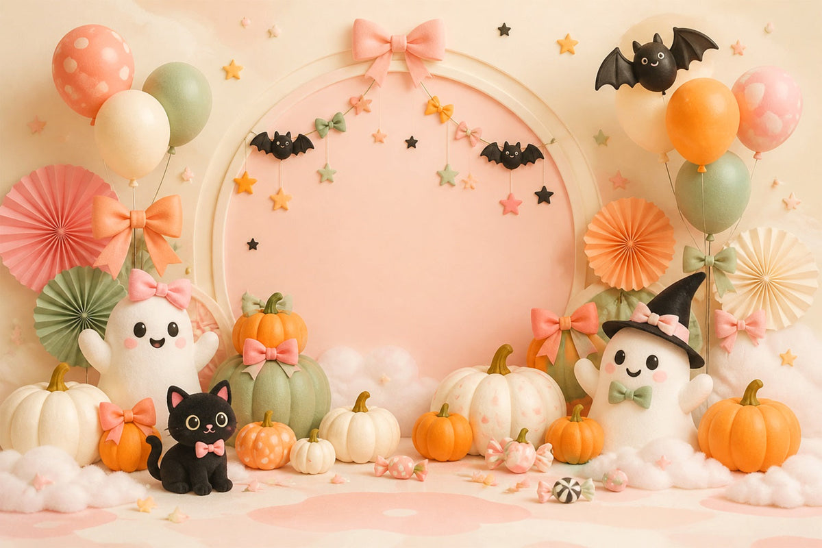 Niedlicher Halloween-Fotohintergrund Pastellfarbene Geisterkatze Kürbisse Hintergrund Halloween LXX67-123