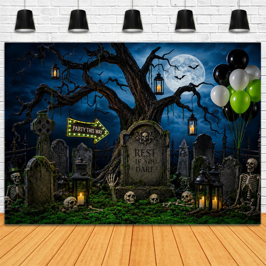 Individuell Gestaltete Halloween-KulisseMondbeschienener Friedhof Skelettparty Halloween-Friedhof-Kulisse LXX67-124
