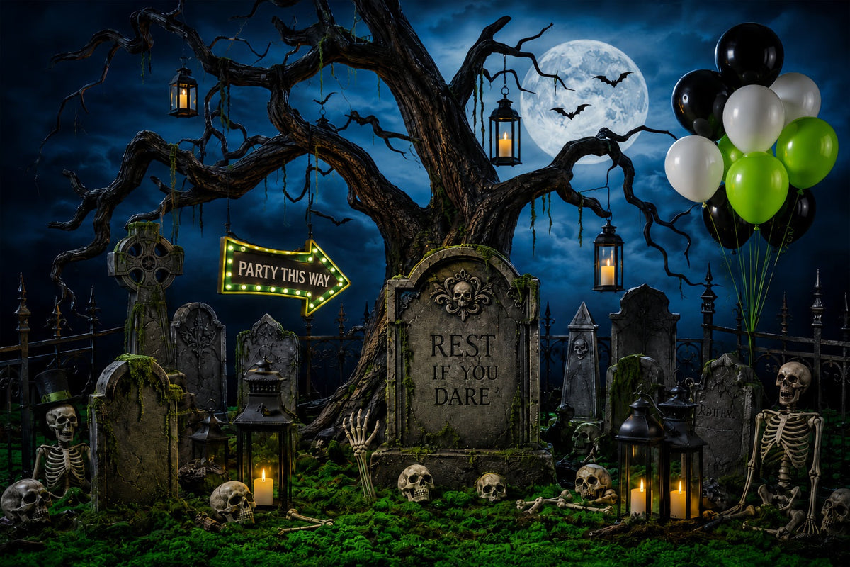 Individuell Gestaltete Halloween-KulisseMondbeschienener Friedhof Skelettparty Halloween-Friedhof-Kulisse LXX67-124