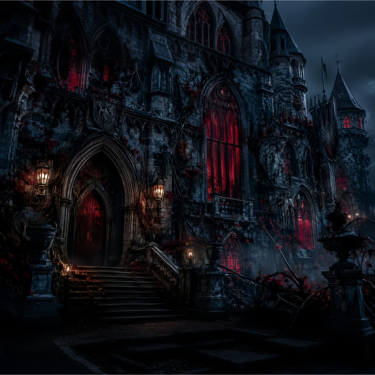 Halloween-Burg-Kulisse Dunkles Haus Rote Fenster Große Halloween-Kulisse LXX67-126