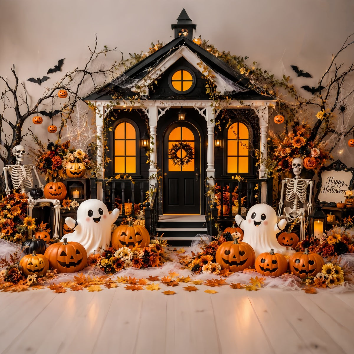 Herbstliche Halloween-KulisseNiedlicher Geist Kürbis Veranda Gruselige Halloween-Kulissen LXX67-127
