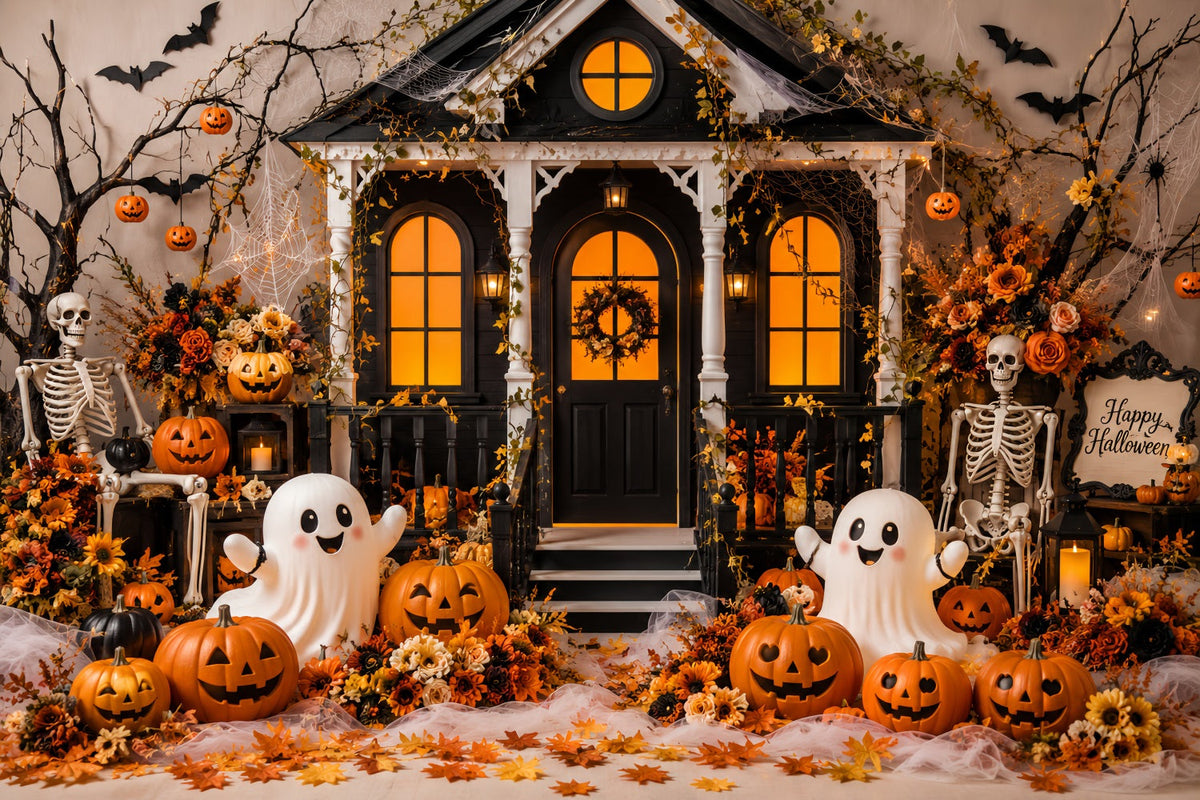 Herbstliche Halloween-KulisseNiedlicher Geist Kürbis Veranda Gruselige Halloween-Kulissen LXX67-127