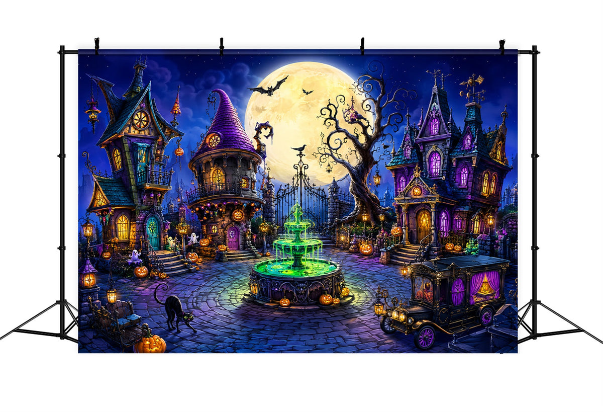 Halloween-Fotohintergrund Für Den Außenbereich Verspieltes Mond-Hexenstadt-Motiv LXX67-131
