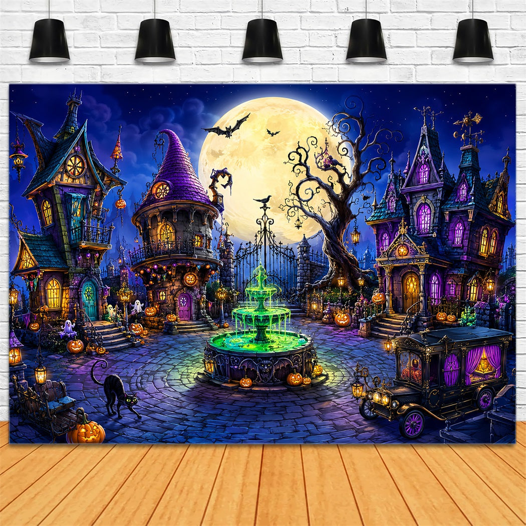Halloween-Fotohintergrund Für Den Außenbereich Verspieltes Mond-Hexenstadt-Motiv LXX67-131