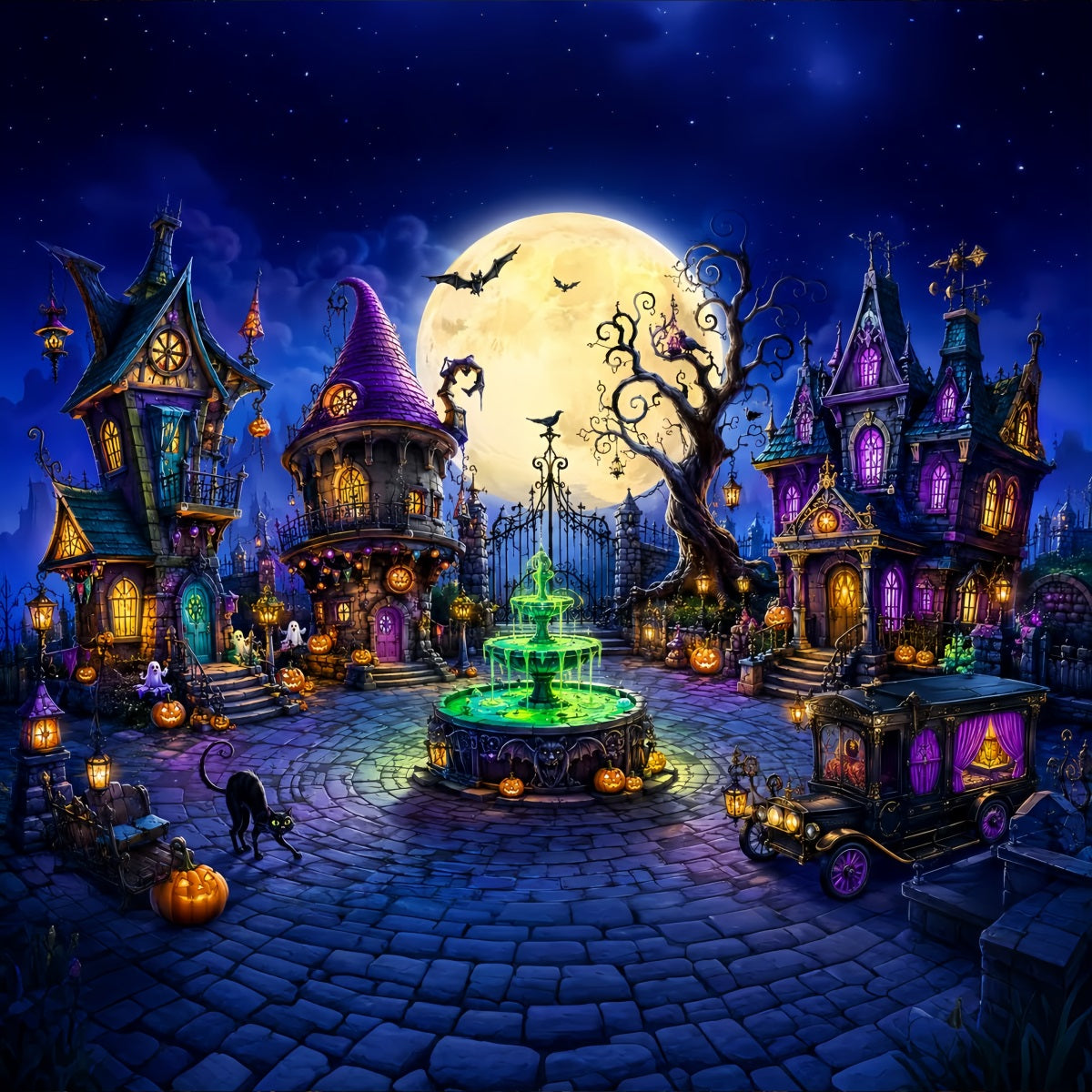 Halloween-Fotohintergrund Für Den Außenbereich Verspieltes Mond-Hexenstadt-Motiv LXX67-131