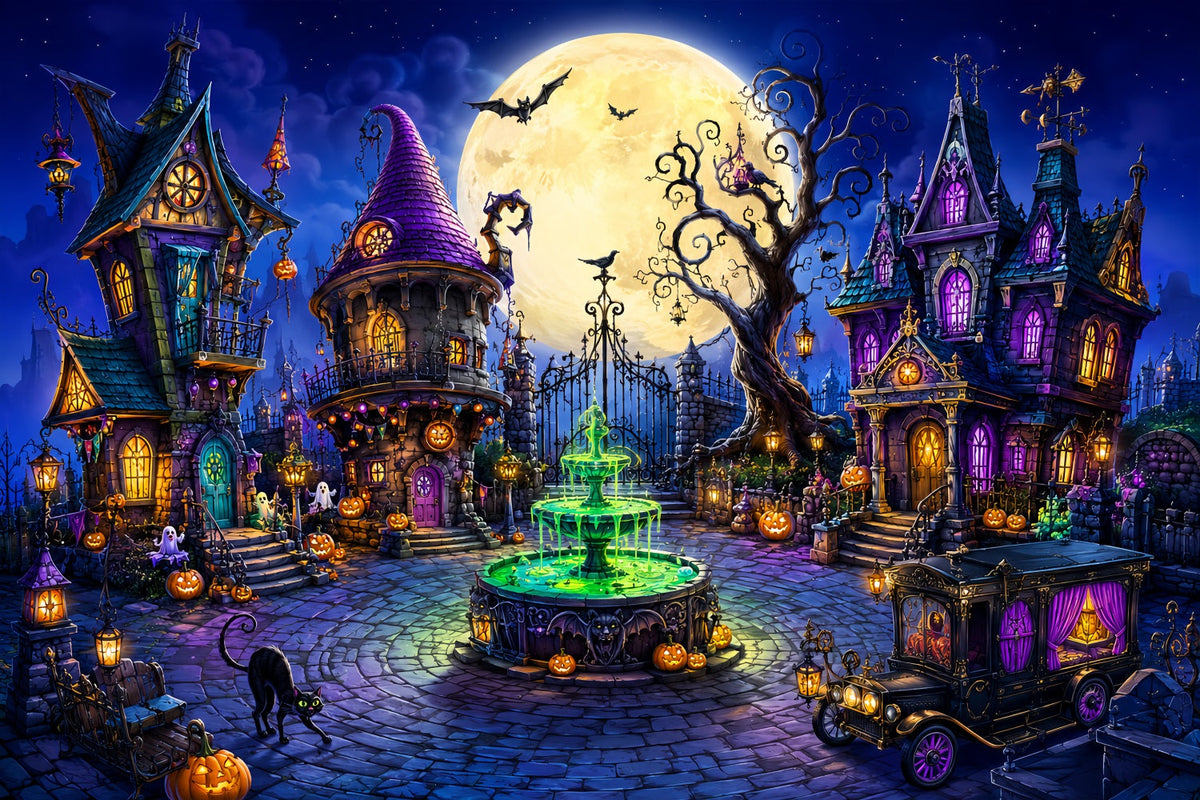 Halloween-Fotohintergrund Für Den Außenbereich Verspieltes Mond-Hexenstadt-Motiv LXX67-131