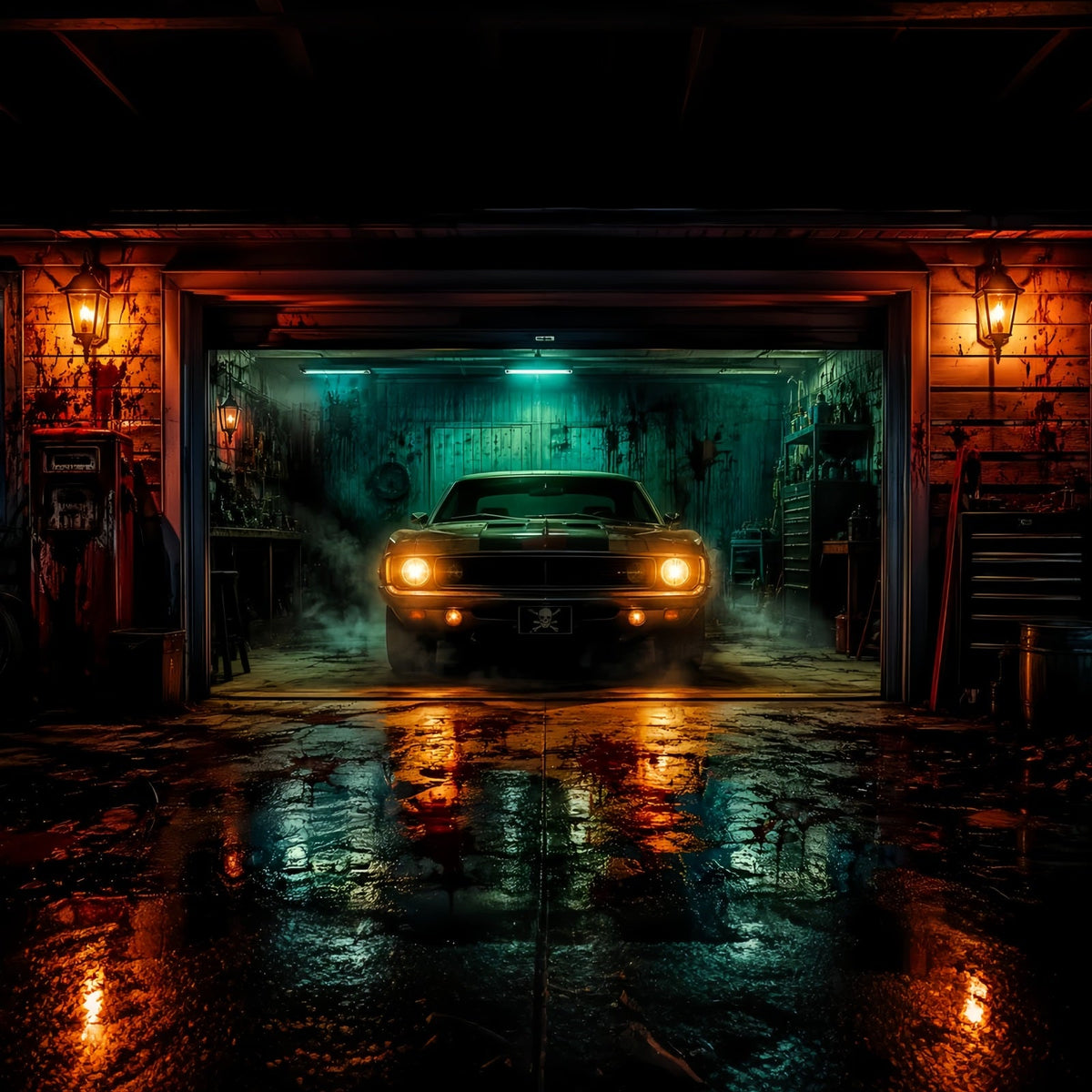 Halloween-Garage-Kulisse Spuk-Muscle-Car-Scheunen-Kulissen Für Halloween LXX67-134