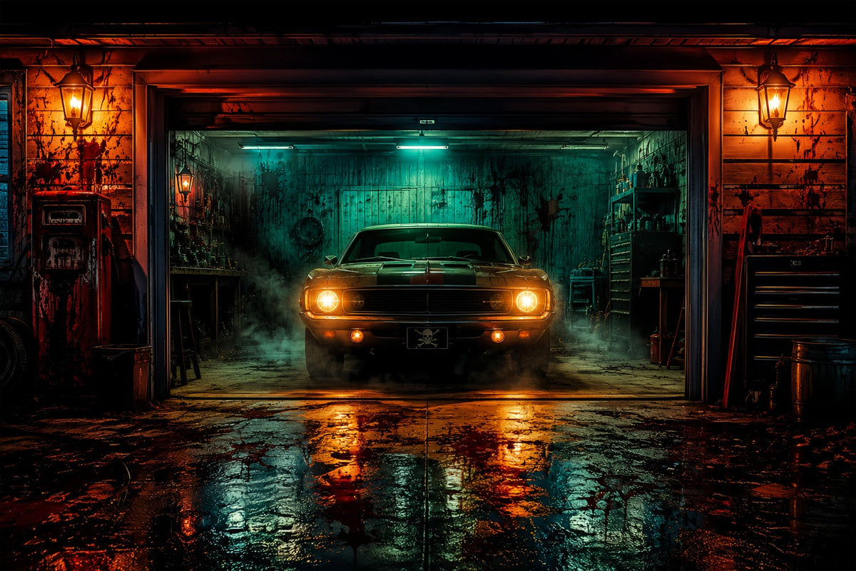 Halloween-Garage-Kulisse Spuk-Muscle-Car-Scheunen-Kulissen Für Halloween LXX67-134