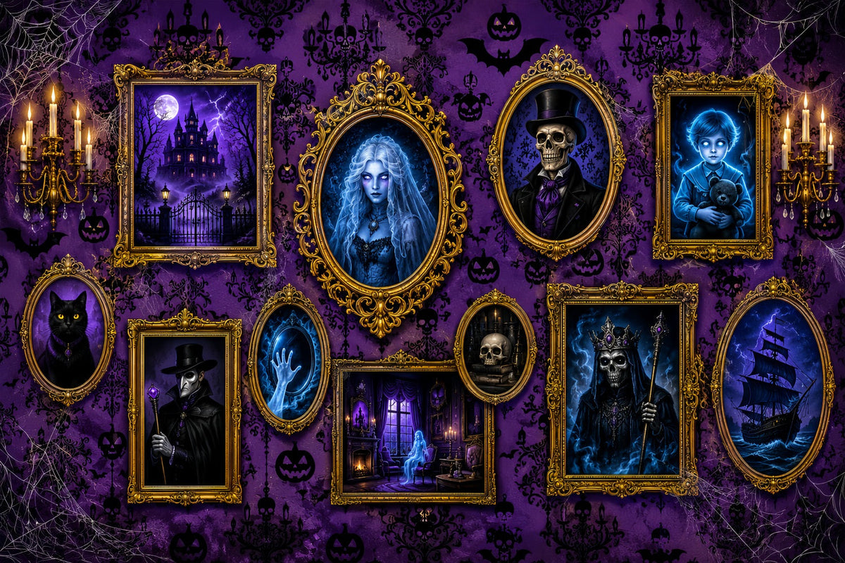 Halloween-Stoffhintergrund Lila Grusel-Porträtgalerie Halloween-Hintergrund Für Fotos LXX67-138