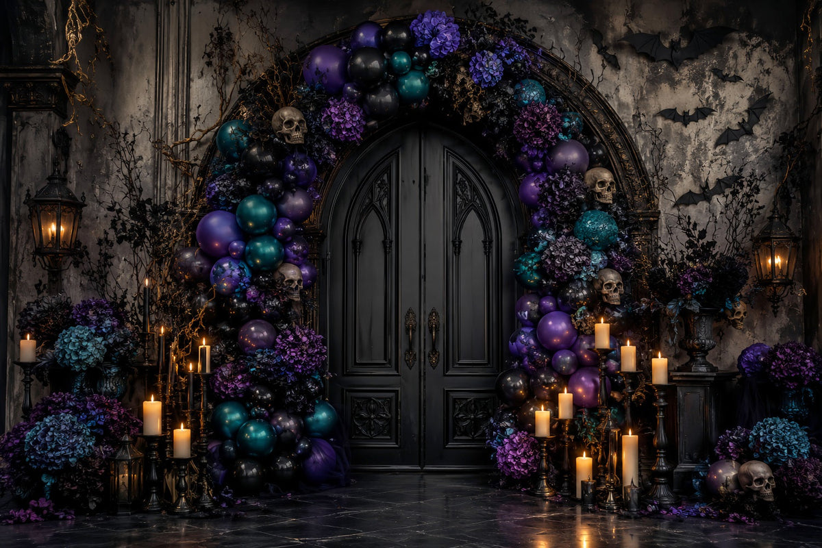 Halloween-Ballon-Hintergrund Totenkopf-Tür Blumenbogen Halloween-Themen-Hintergrund LXX67-139