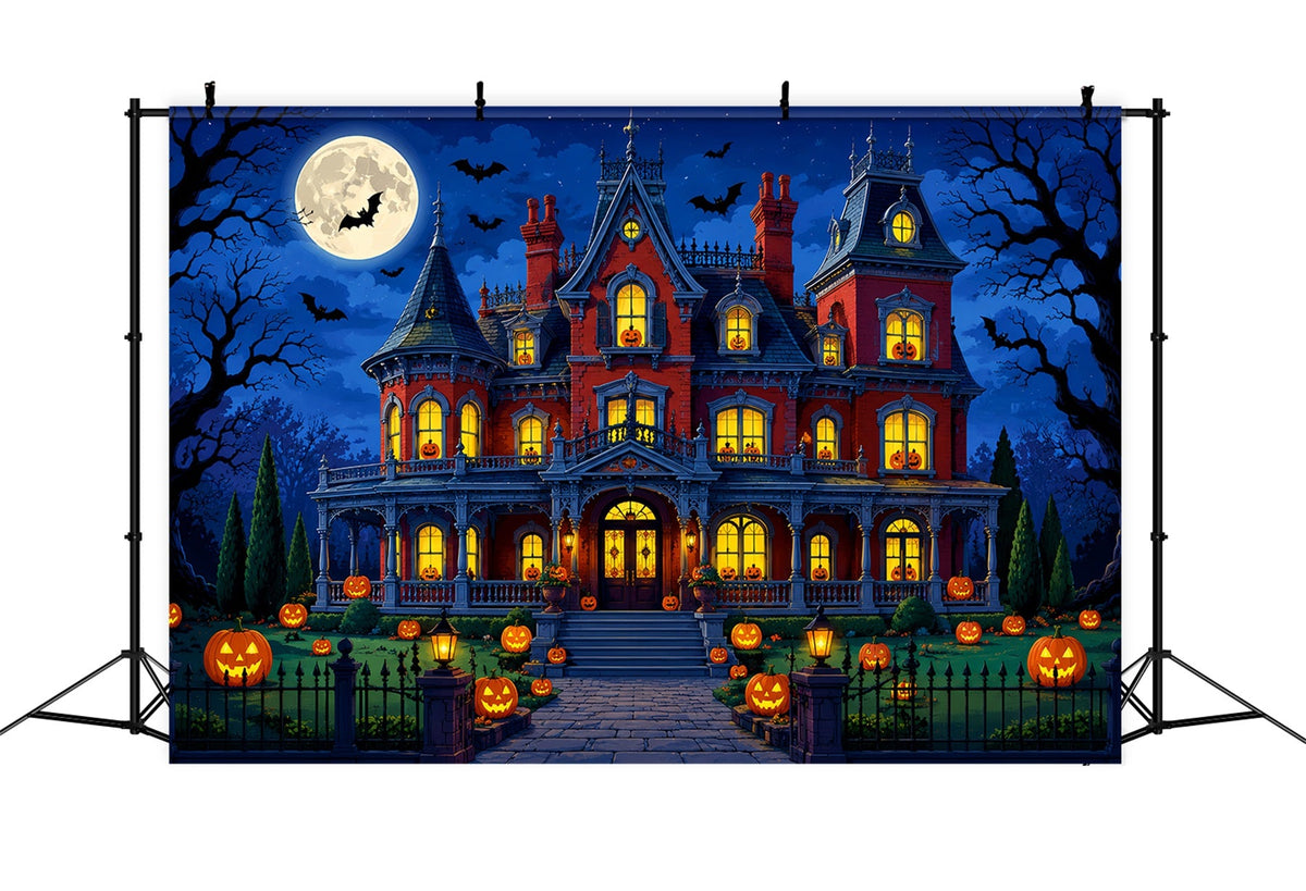 Halloween-Fotohintergrund Mondschein-Kürbis-Herrenhaus-Gartenhintergründe LXX67-143