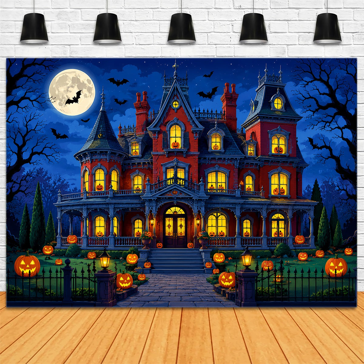 Halloween-Fotohintergrund Mondschein-Kürbis-Herrenhaus-Gartenhintergründe LXX67-143