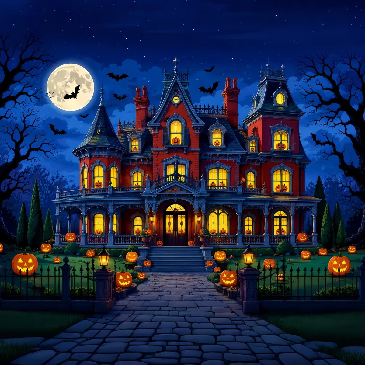 Halloween-Fotohintergrund Mondschein-Kürbis-Herrenhaus-Gartenhintergründe LXX67-143