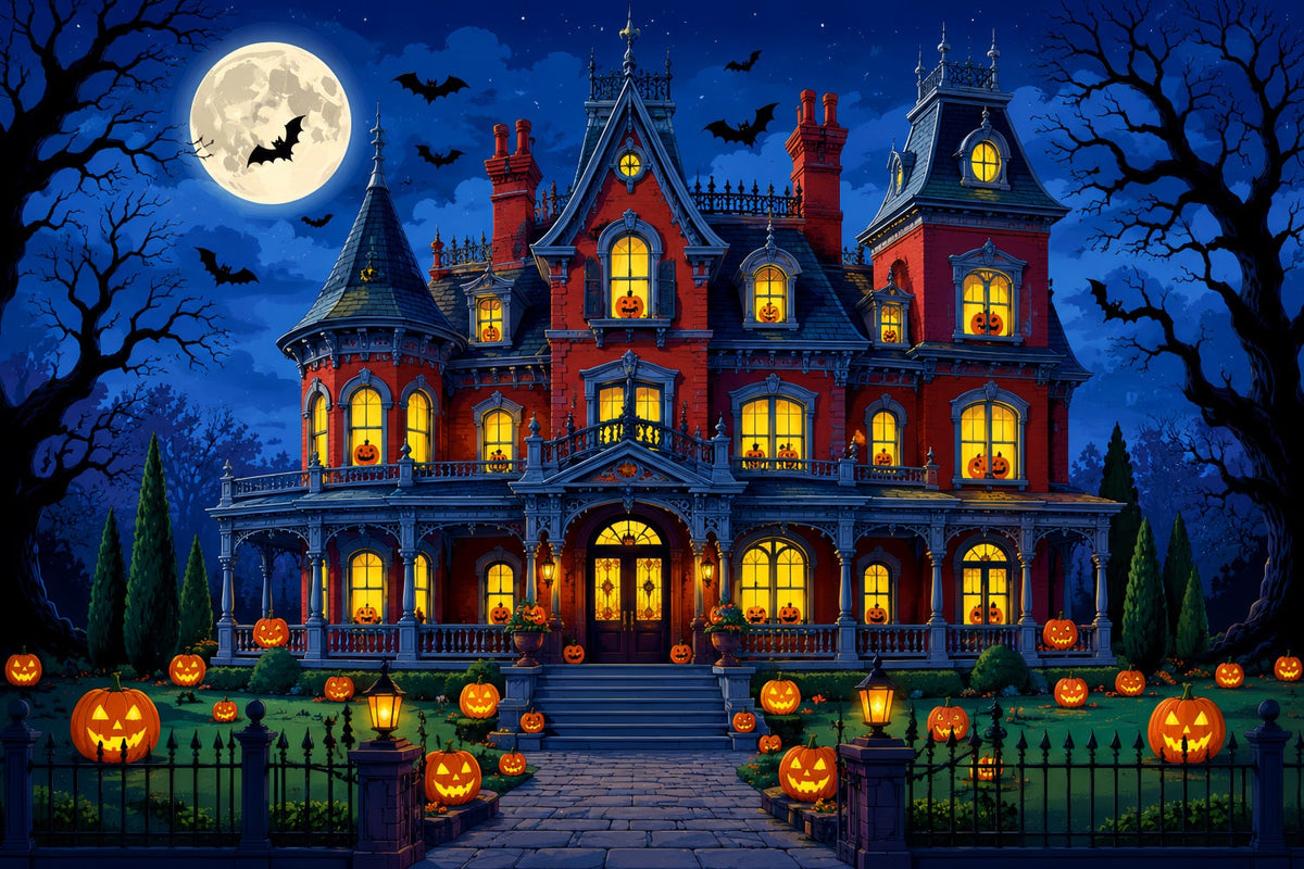 Halloween-Fotohintergrund Mondschein-Kürbis-Herrenhaus-Gartenhintergründe LXX67-143