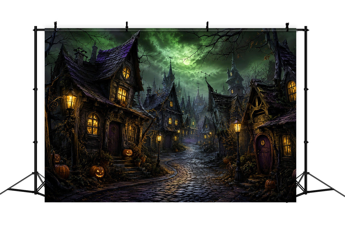 Fotohintergründe Halloween Grüner Mond Krummes Dorf Halloween Stadt Hintergrund LXX67-146