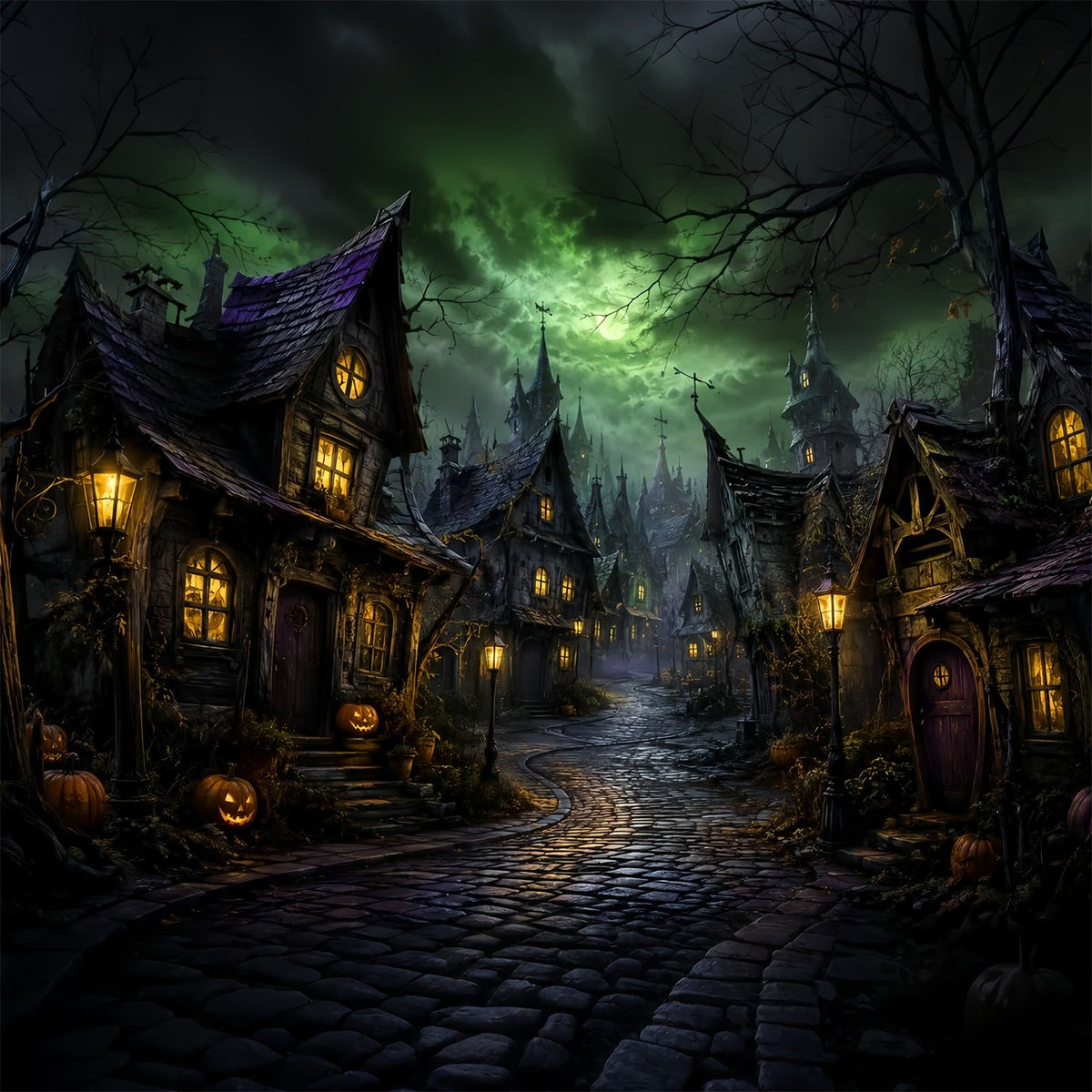 Fotohintergründe Halloween Grüner Mond Krummes Dorf Halloween Stadt Hintergrund LXX67-146
