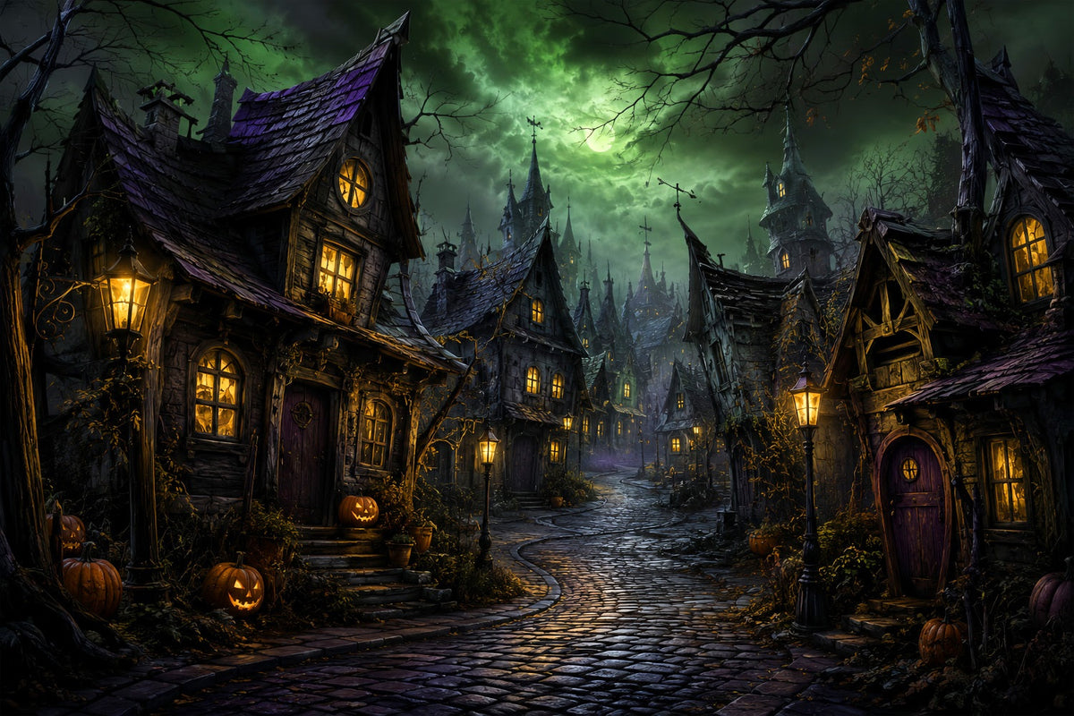 Fotohintergründe Halloween Grüner Mond Krummes Dorf Halloween Stadt Hintergrund LXX67-146