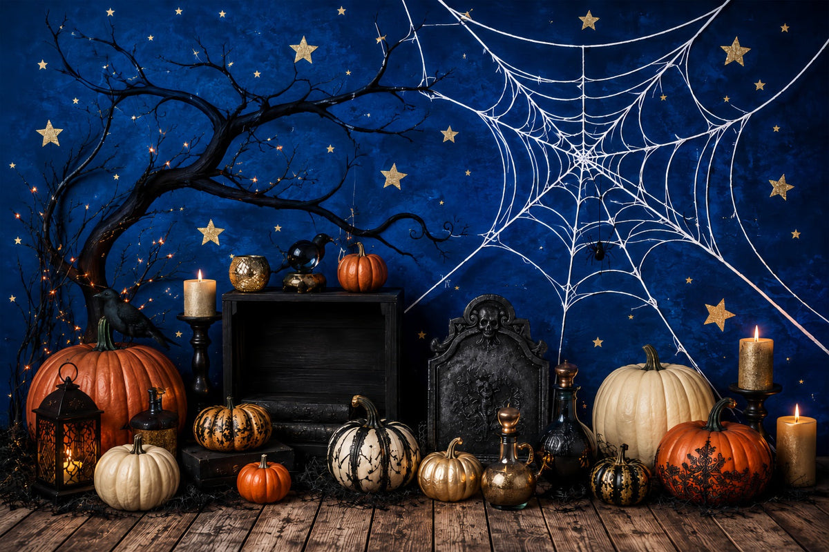 Diy Halloween Fotokabinen-Hintergrund Spinnennetz Kürbis Kerzenständer Halloween-Hintergrund LXX67-150