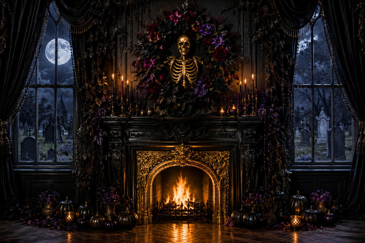Halloween-FotohintergrundSkelett Blumen Gotischer Kamin – Gruseliger Halloween-Hintergrund LXX67-151