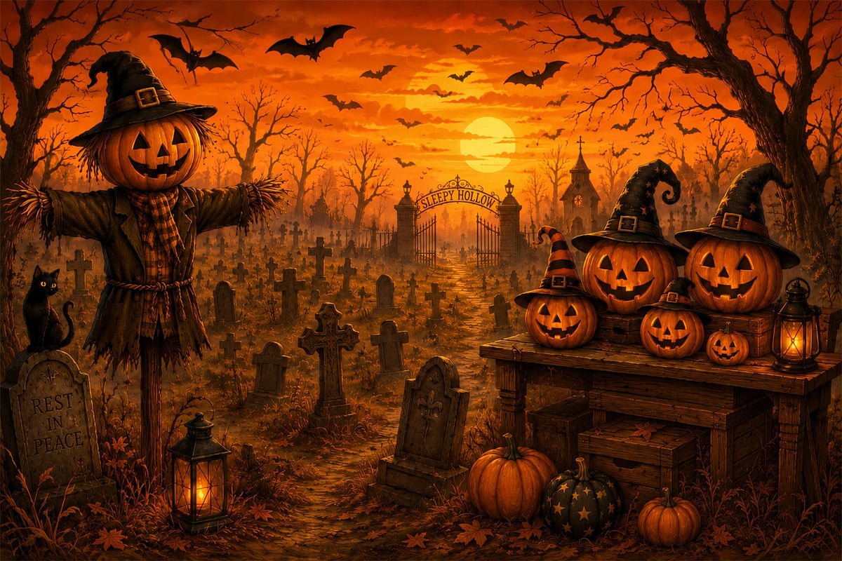 Halloween-Stoffhintergrund Vogelscheuche Kürbis Friedhof Sonnenuntergang Friedhof Halloween-Hintergründe LXX67-152
