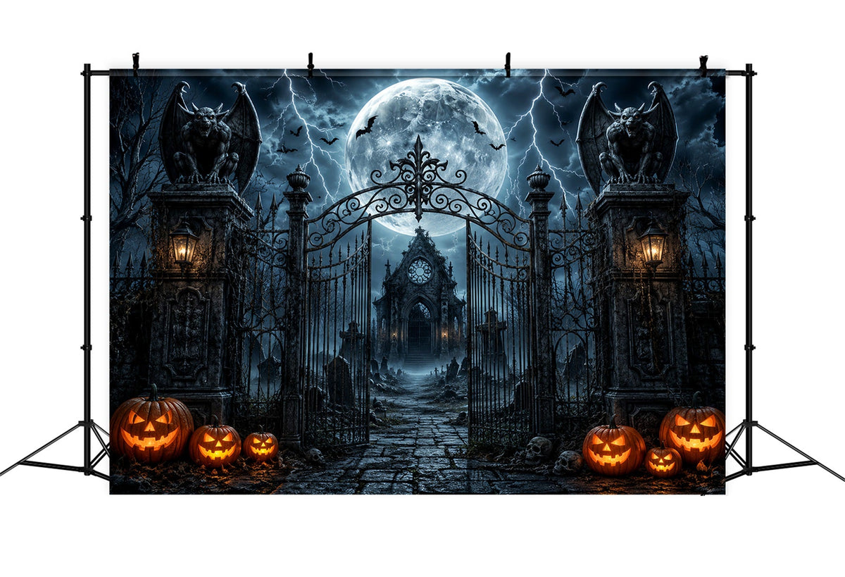 Halloween-Party-Fotohintergrund-IdeenStürmisches Gargoyle-Friedhofstor Gruseliger Halloween-Hintergrund LXX67-154