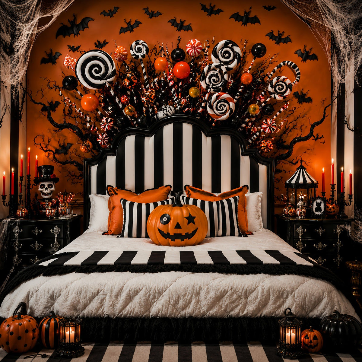 Halloween-Party-Fotohintergrund Gestreift Süßigkeiten Kürbis Schlafzimmer-Halloween-Hintergrund LXX67-160