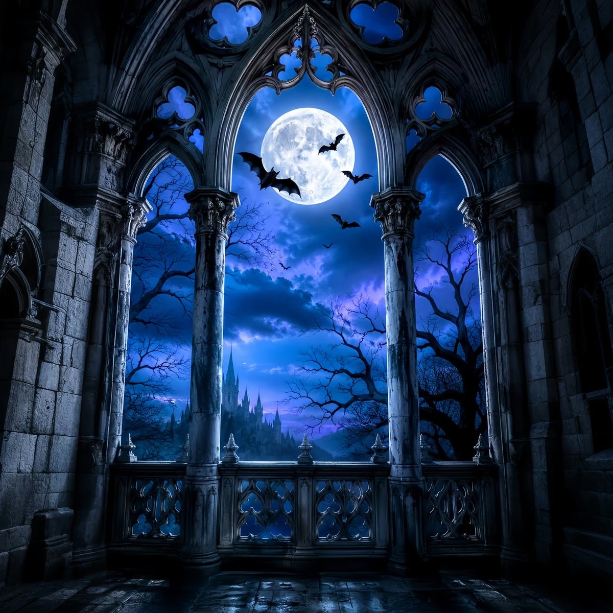 Halloween-HintergrundkulissenMondbeschienener Gotischer Kathedralenbogen Halloween-Hintergrundideen LXX67-164