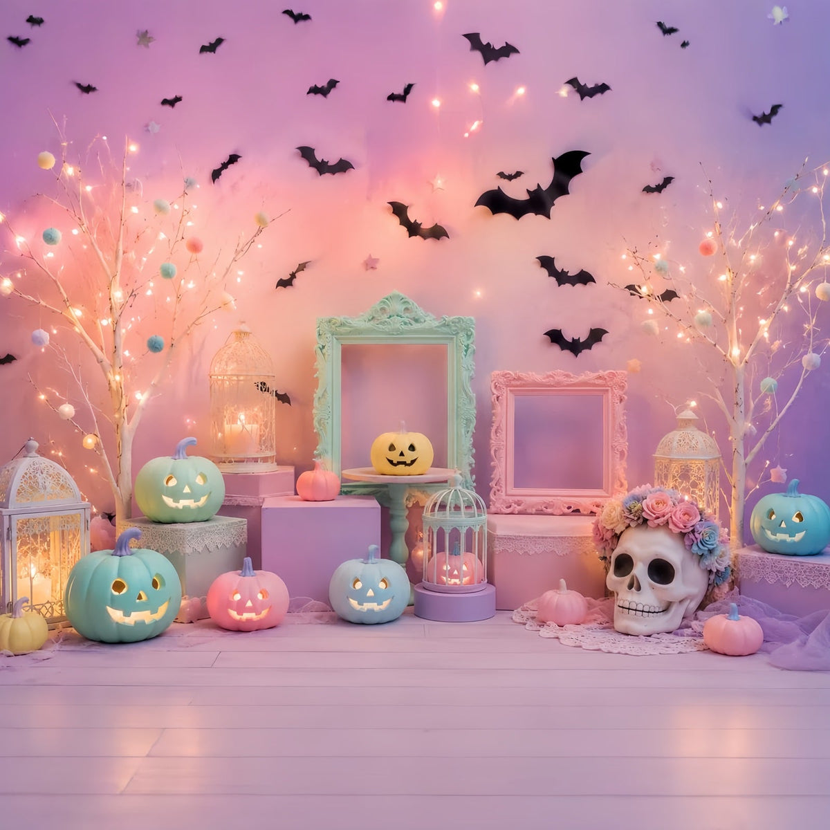 Niedliche Halloween-Hintergründe Pastellfarbene Kürbis-Totenkopf-Dekoration Halloween-Hintergründe Szenenbild LXX67-165