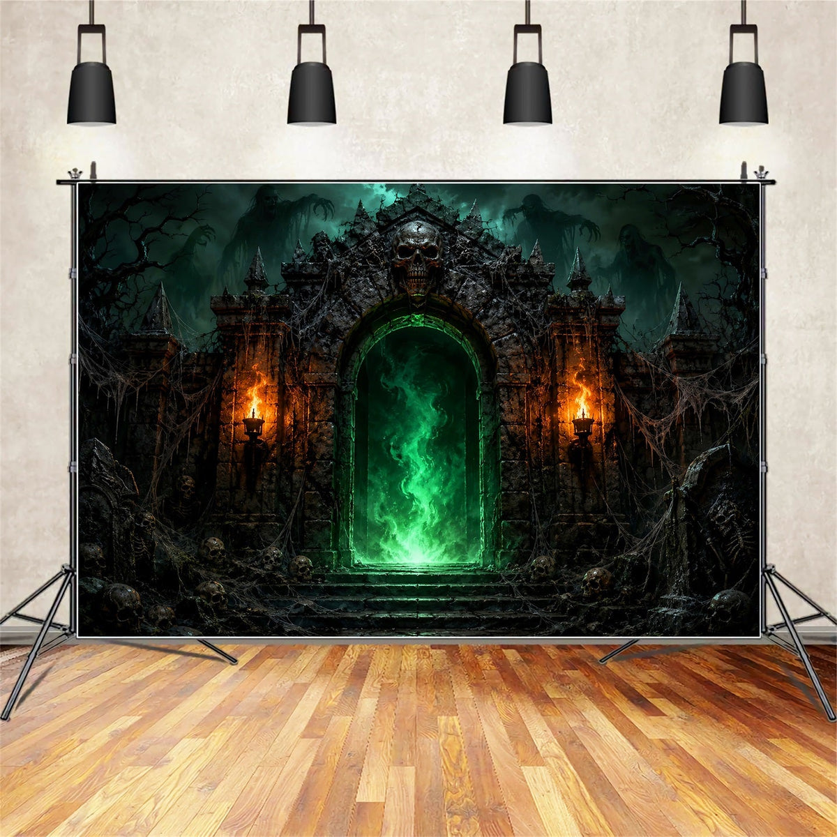 Halloween-Party-Hintergründe Grüne Totenkopf-Portal-Festung Halloween-Fotokabinen-Hintergrund LXX67-166