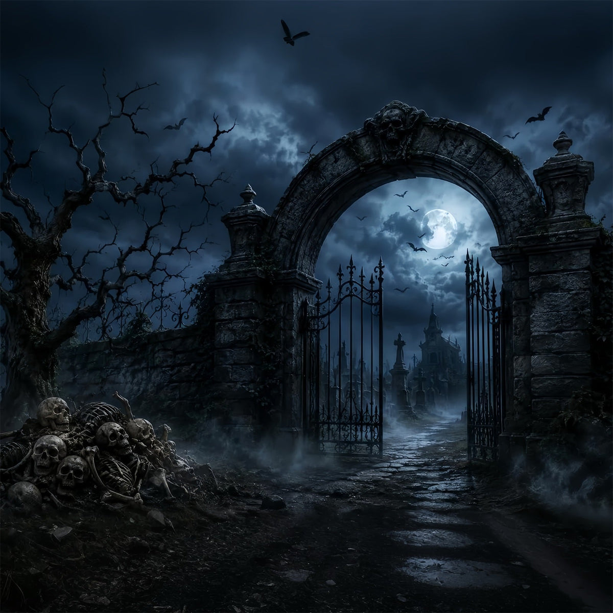 Halloween-Hintergrund Für Den AußenbereichSkelett-Friedhofssteintor Gruseliger Halloween-Hintergrund LXX67-168