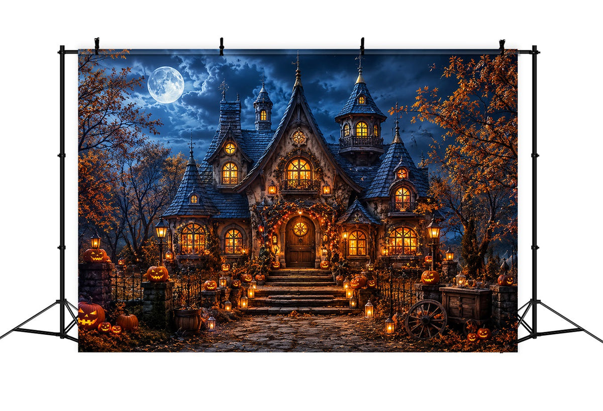 Herbstliche Halloween-Kulisse Mit Mondbeschienenen Kürbissen Laternen Und Gruseligen Halloween-Hintergründen LXX67-17