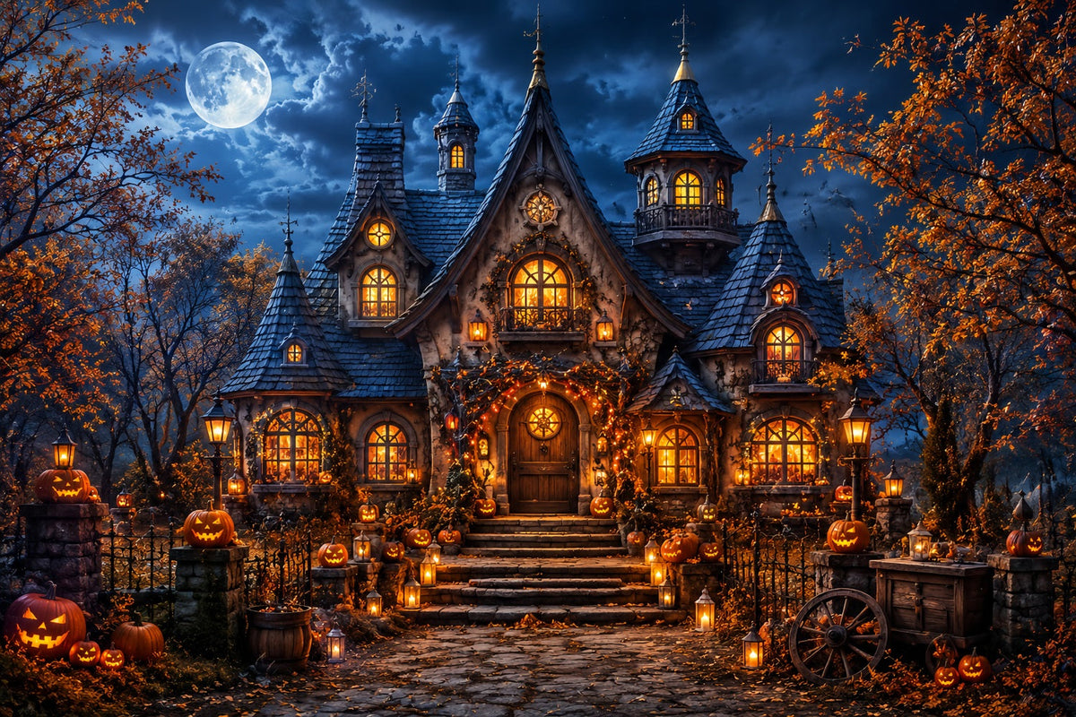 Herbstliche Halloween-Kulisse Mit Mondbeschienenen Kürbissen Laternen Und Gruseligen Halloween-Hintergründen LXX67-17