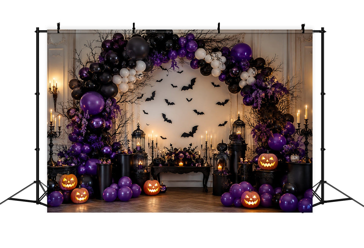 Halloween-Kürbis-Hintergrund Lila Fledermaus-Ballonbogen Halloween-Fotohintergrund-Ideen LXX67-171