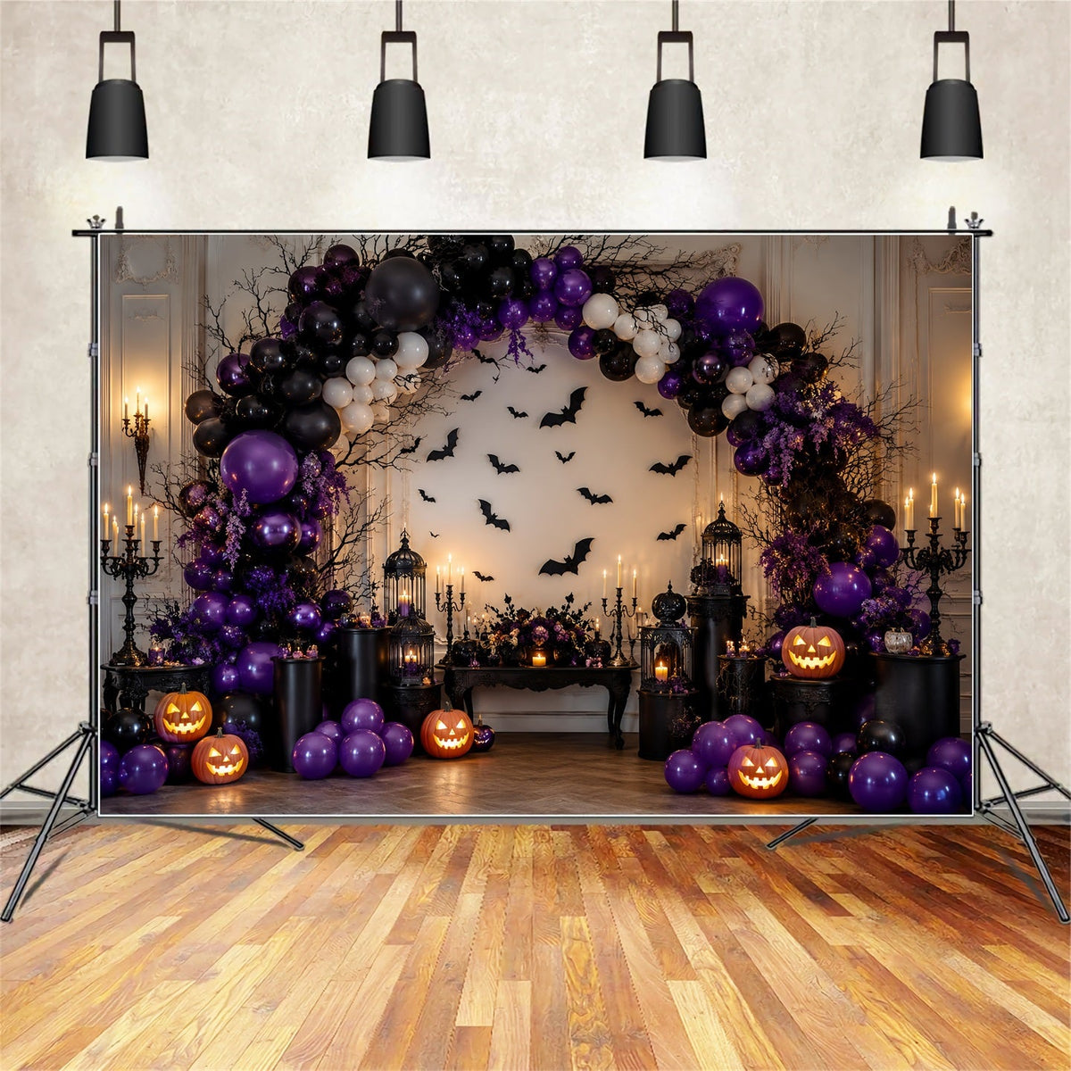 Halloween-Kürbis-Hintergrund Lila Fledermaus-Ballonbogen Halloween-Fotohintergrund-Ideen LXX67-171
