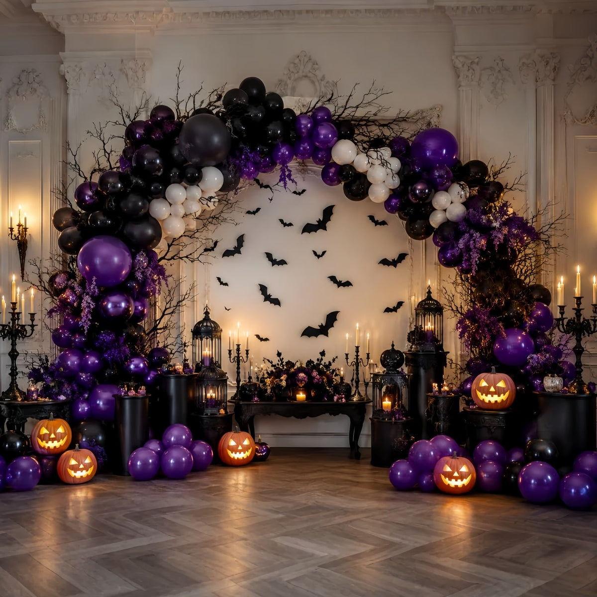 Halloween-Kürbis-Hintergrund Lila Fledermaus-Ballonbogen Halloween-Fotohintergrund-Ideen LXX67-171